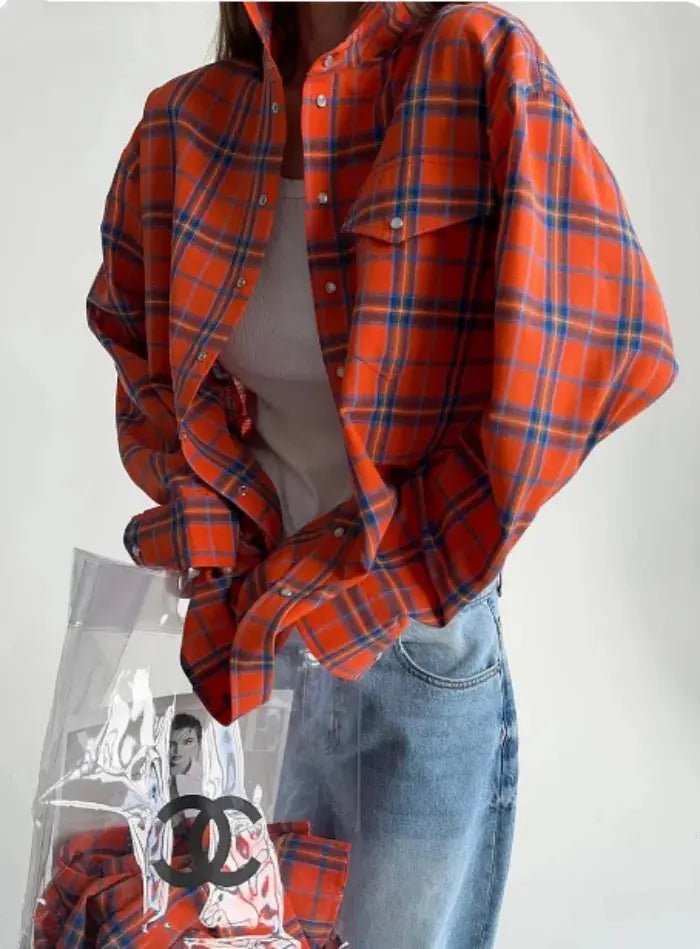 Women's Pink & Grey Plaid Flannel Shirt Button Down, Long Sleeve, Casual Streetwear Blouse for Layering Aurexia off