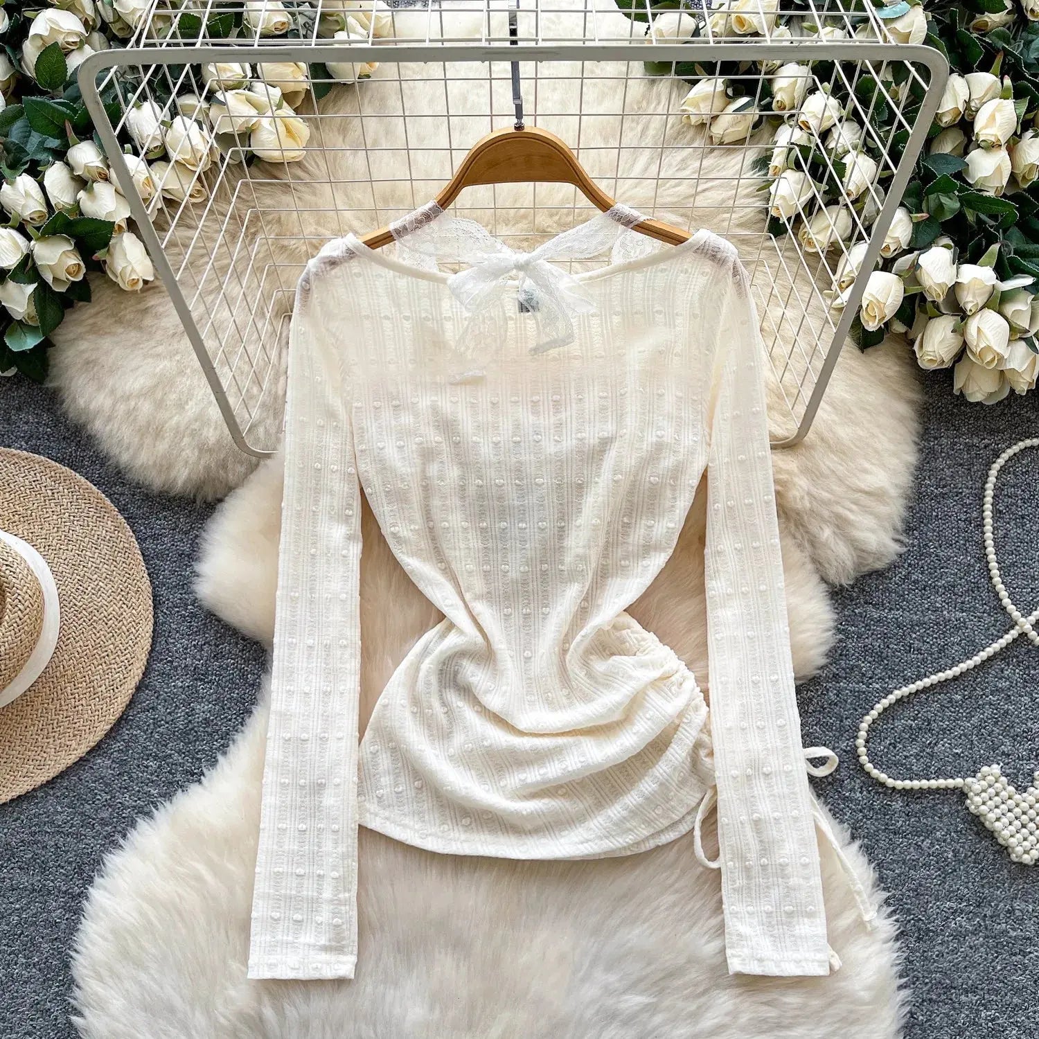 Bow Lace Splicing Long Sleeve Tops for Women 2026 Spring Korean Style Loose Lace-up Pullover Waist-cinching Fake Two-piece Tops Aurexia off