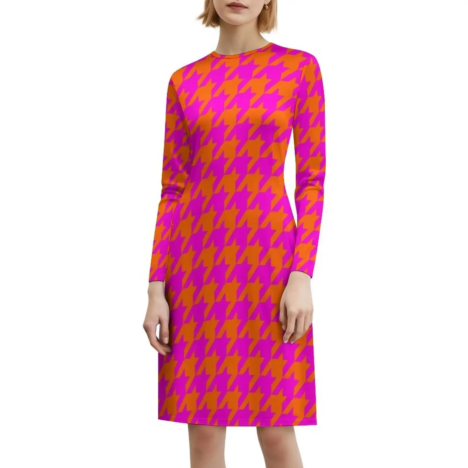 Pink & Orange Houndstooth Preppy Style Mini Dress For Women A-Line Loose Fit Casual Day Dress Large Houndstooth Dogstooth Pink Aurexia off
