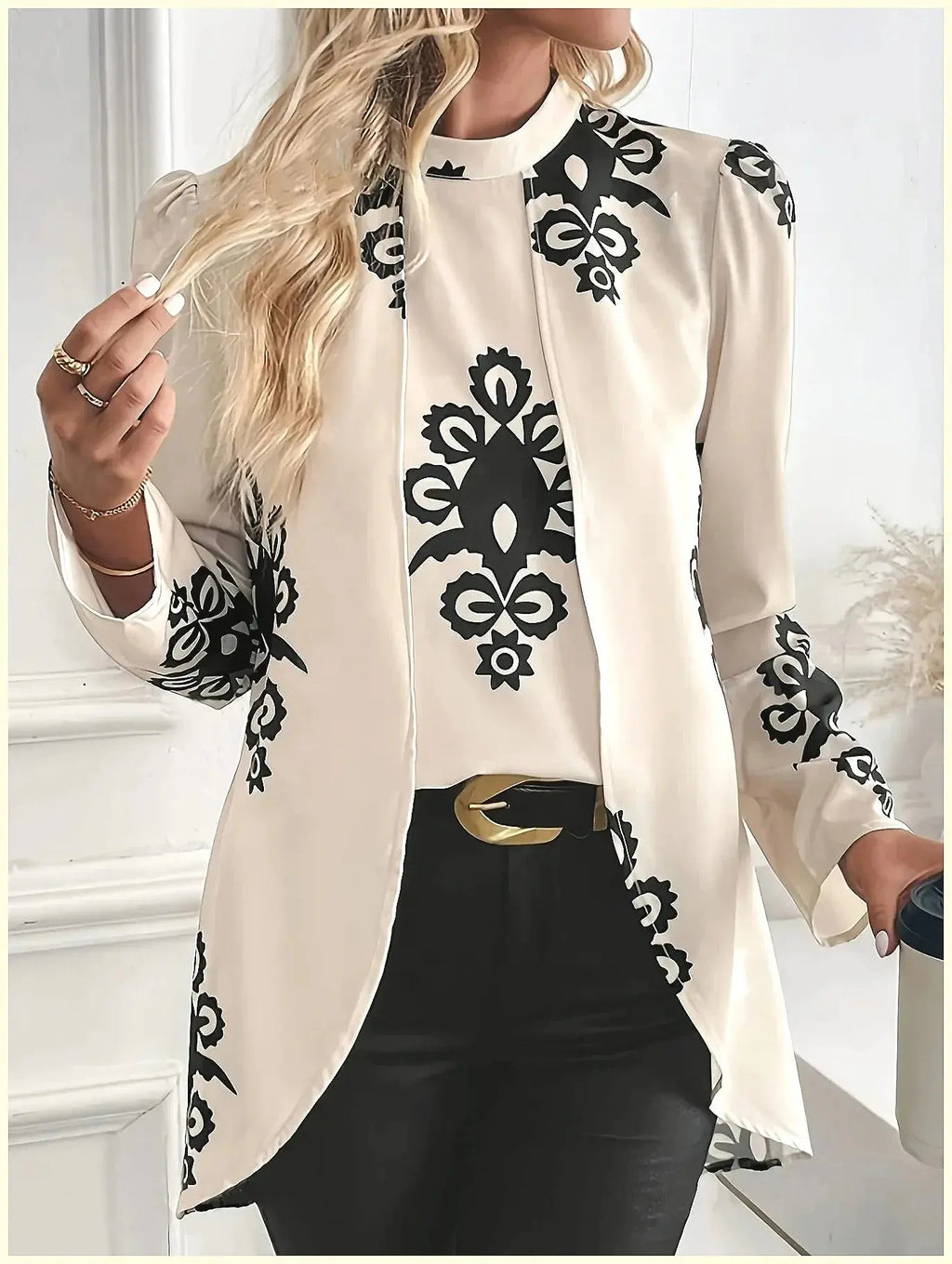 2026 Fashion Women's Long Sleeve Print Blouse, Elegant Office Top with Fake Two-Piece Design Aurexia off