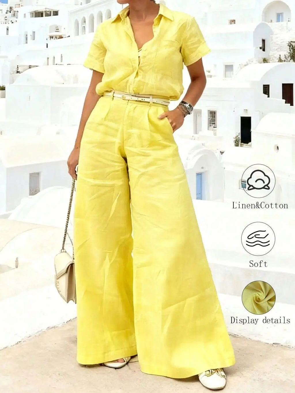 Women's Yellow Collared Short-Sleeve Two-Piece Set - Button-Front Wide-Leg Pants With Belt For Coastal Vacation Aurexia off
