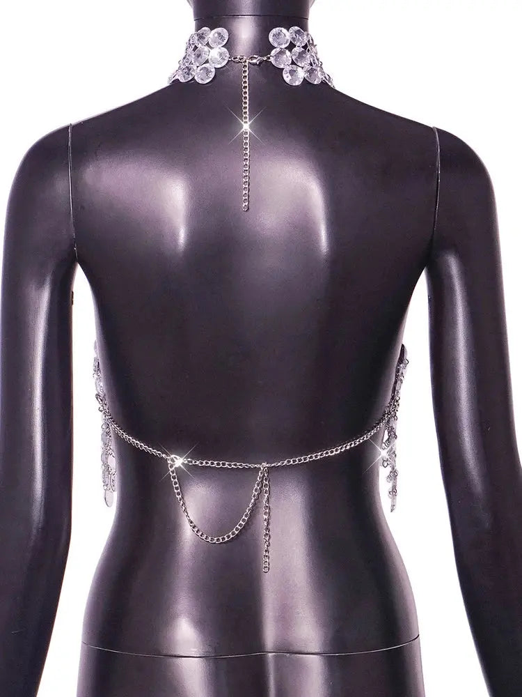 Beyprern Silver Halter Tank Top Glitter Diamonds Bustier Tops Gorgeous Backless Metal Sequin Crop Top Club Vest Festival Outfits Aurexia off