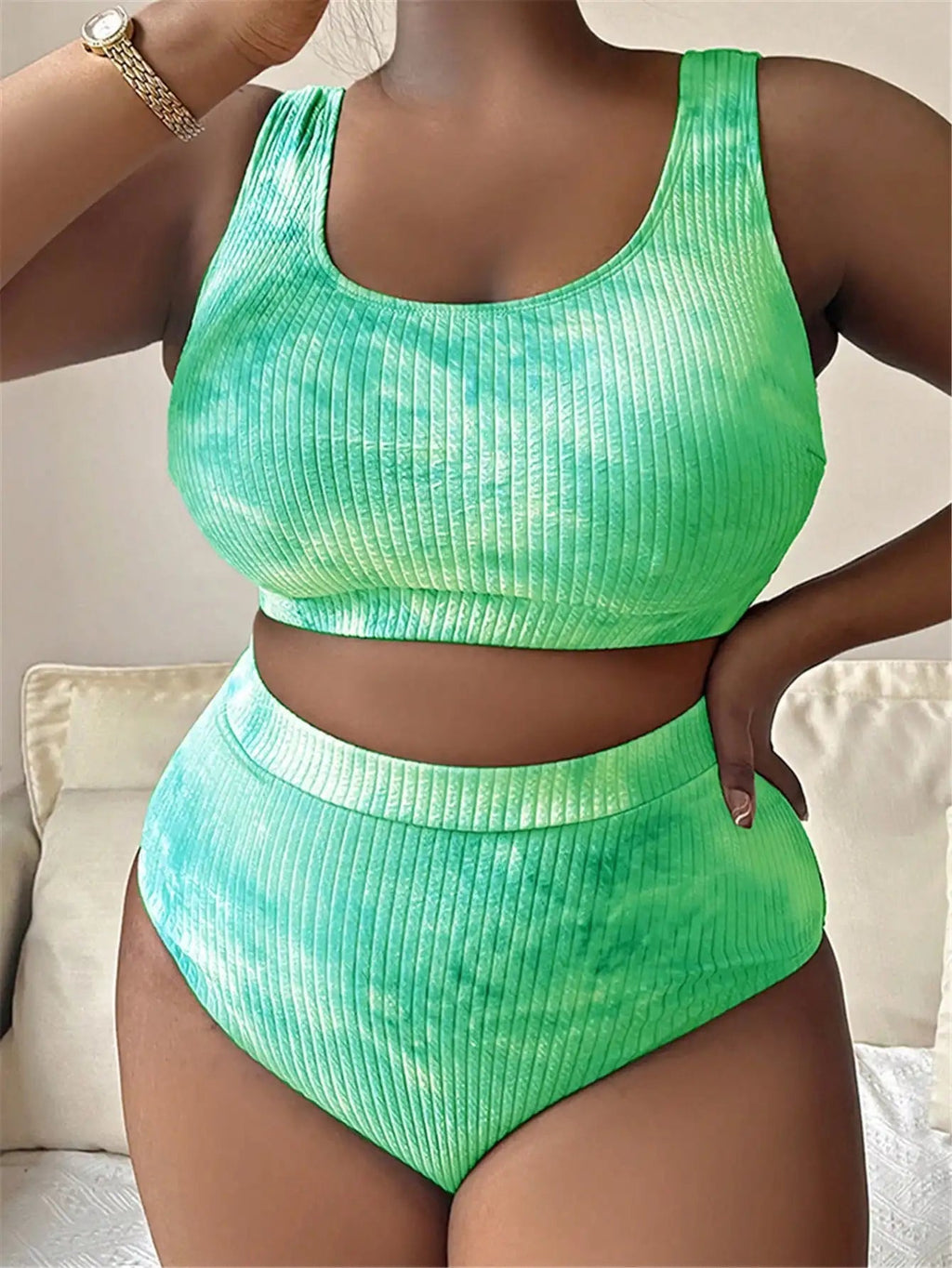 Plus Size Tie Dye Ribbed Tankini Set Casual Beach Swimwear Aurexia off