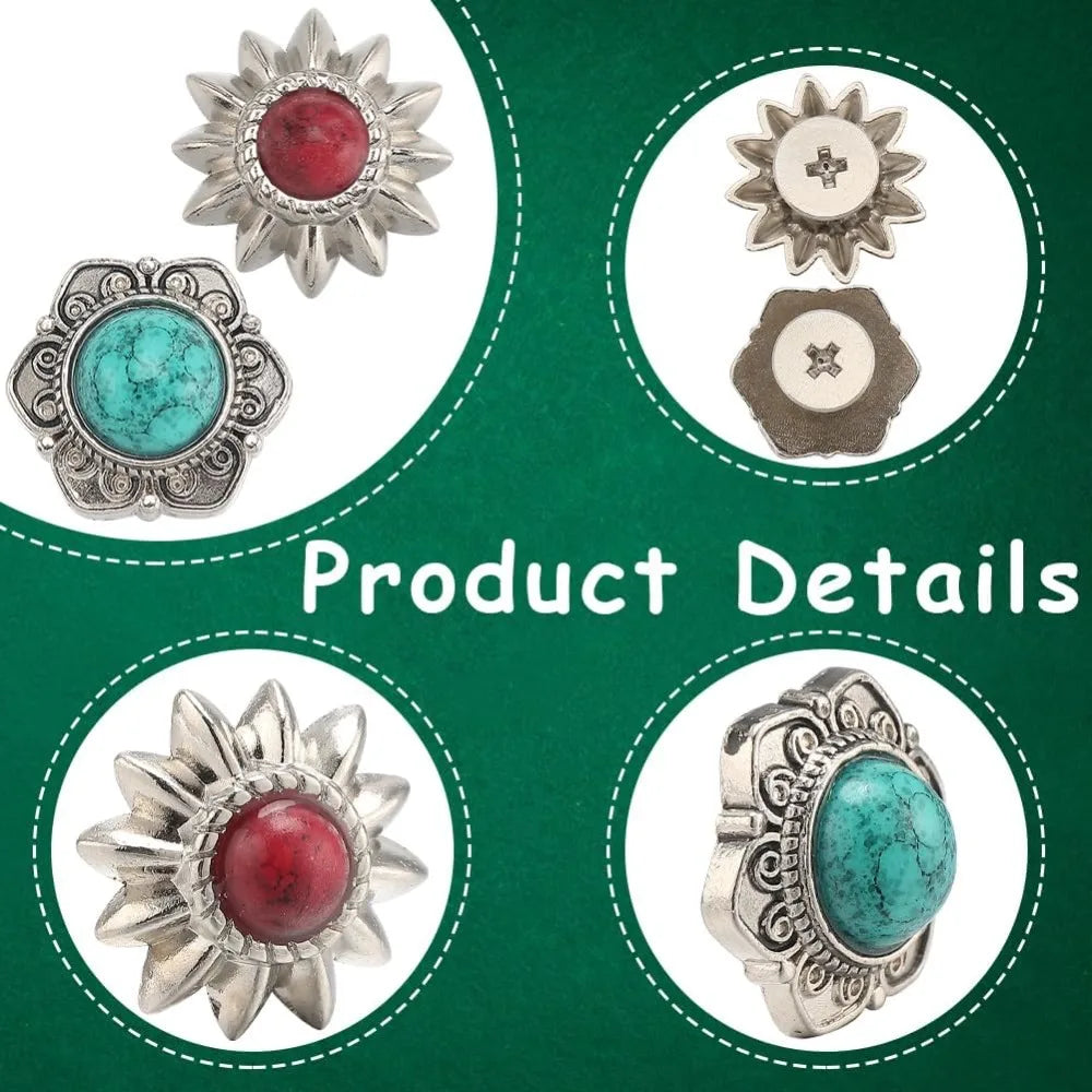 24 Sets 8 Styles Western Screw Back Buttons 13mm Conchos Turquoise Cowboy Vintage Flower Decorative Leather Buckles Natural Aurexia off