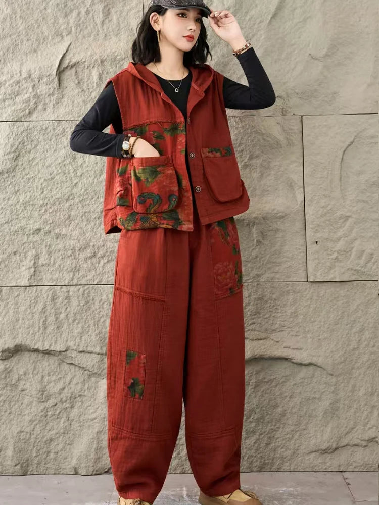 Amax LuluE Womens Hooded Denim 2 Pieces Sets Fashion Vest Suits Punk Sleeveless Coats Loose Pants Classic Jeans Printed Outfits Aurexia off