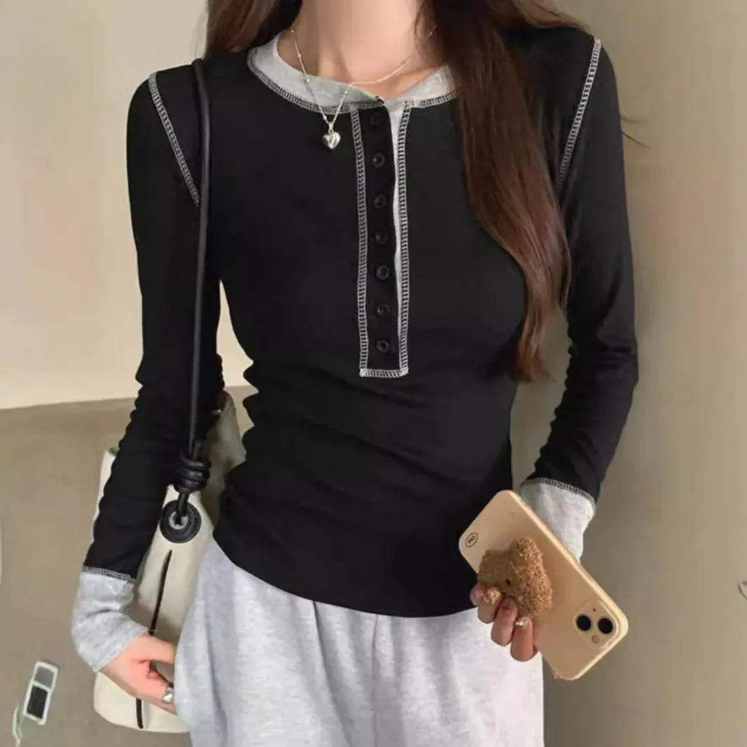 Y2K Patchwork T-Shirt 2025, Contrast Color Grunge Top, Harajuku Bodycon Casual Tee for Women Aurexia off
