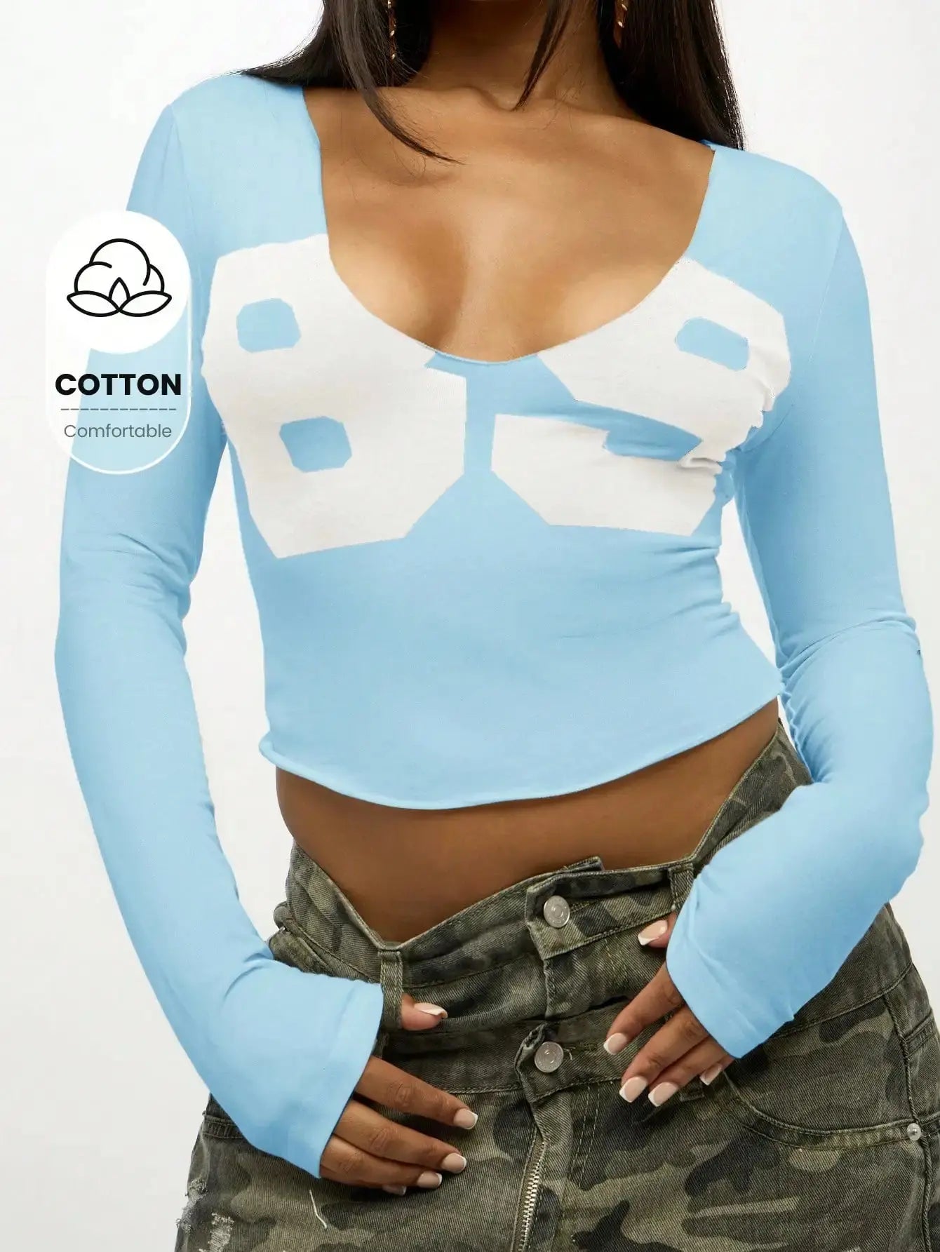 Women Long Sleeve Crop Top Graphic Print V Neck Fitted Cotton Casual Tee Aurexia off