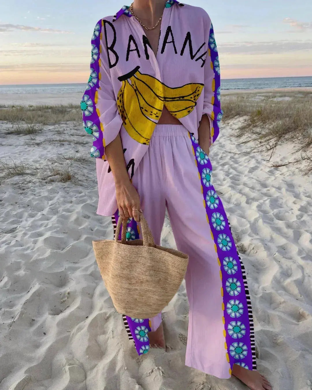 Funny Printed Loose Two Piece Set Women Tropical Beach Holiday Outfits 2024 Casual Lapel Button Shirt Wide Leg Pants Sets Aurexia off