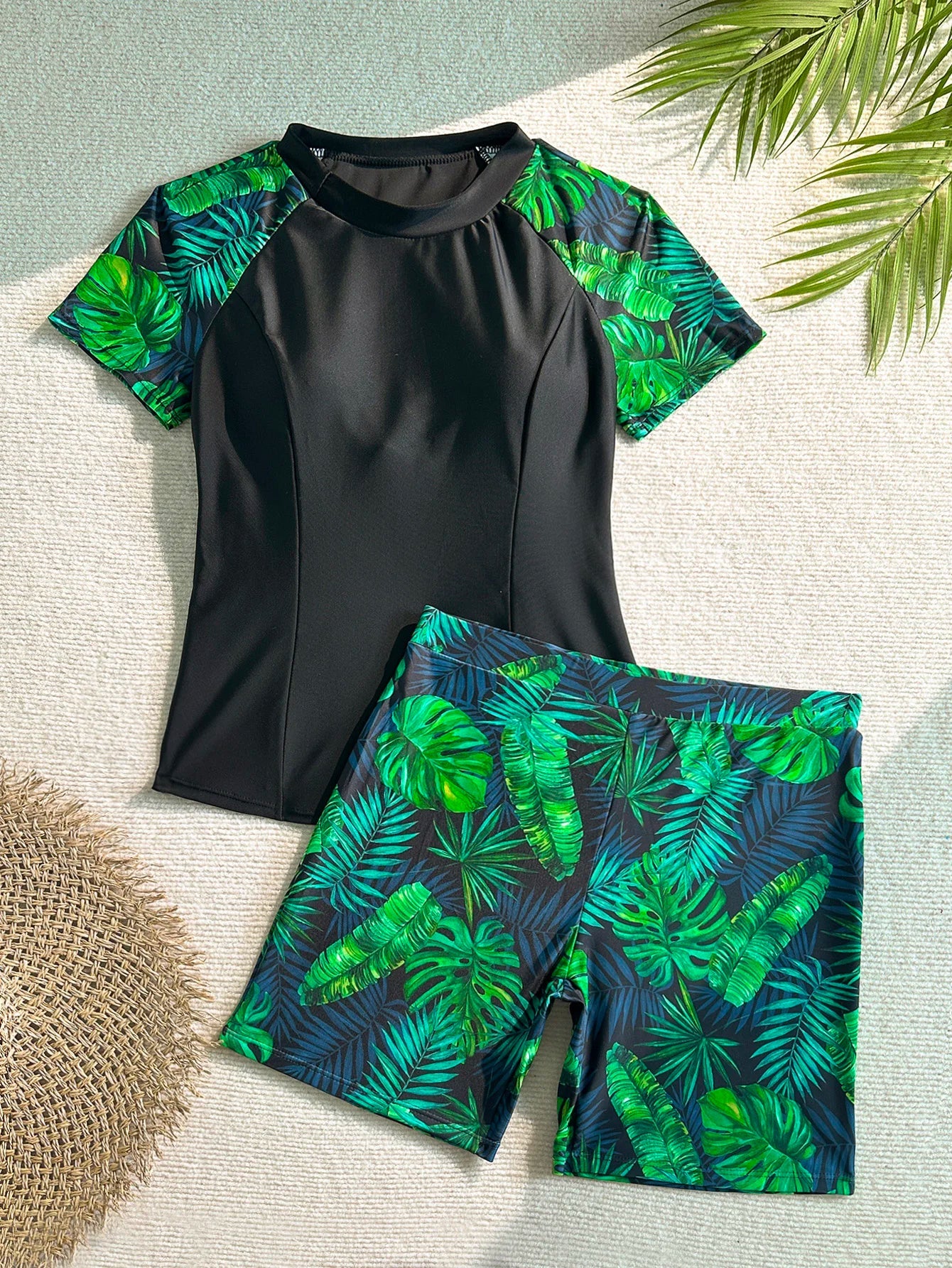 Women's Tankini Swimsuit Set, Two-Piece Swimsuit, Short-Sleeved Beach Vacation Conservative Slim-Fit Tropical Plant Print Boxer Shorts Sporty Fashion Swimwear Aurexia off