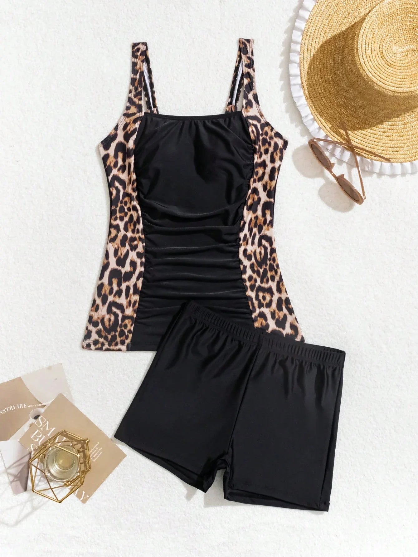 Leopard Print Tankini Top And Shorts Set Women Solid Black Sleeveless Ruched Swimwear For Beach Vacation Aurexia off