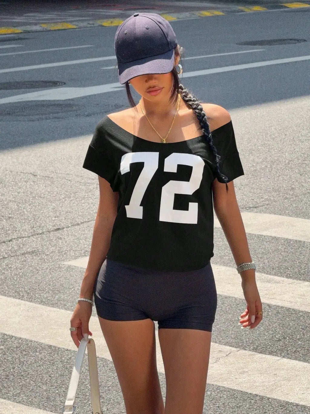 Women Off-Shoulder Short Sleeve T-Shirt With Number Print Aurexia off