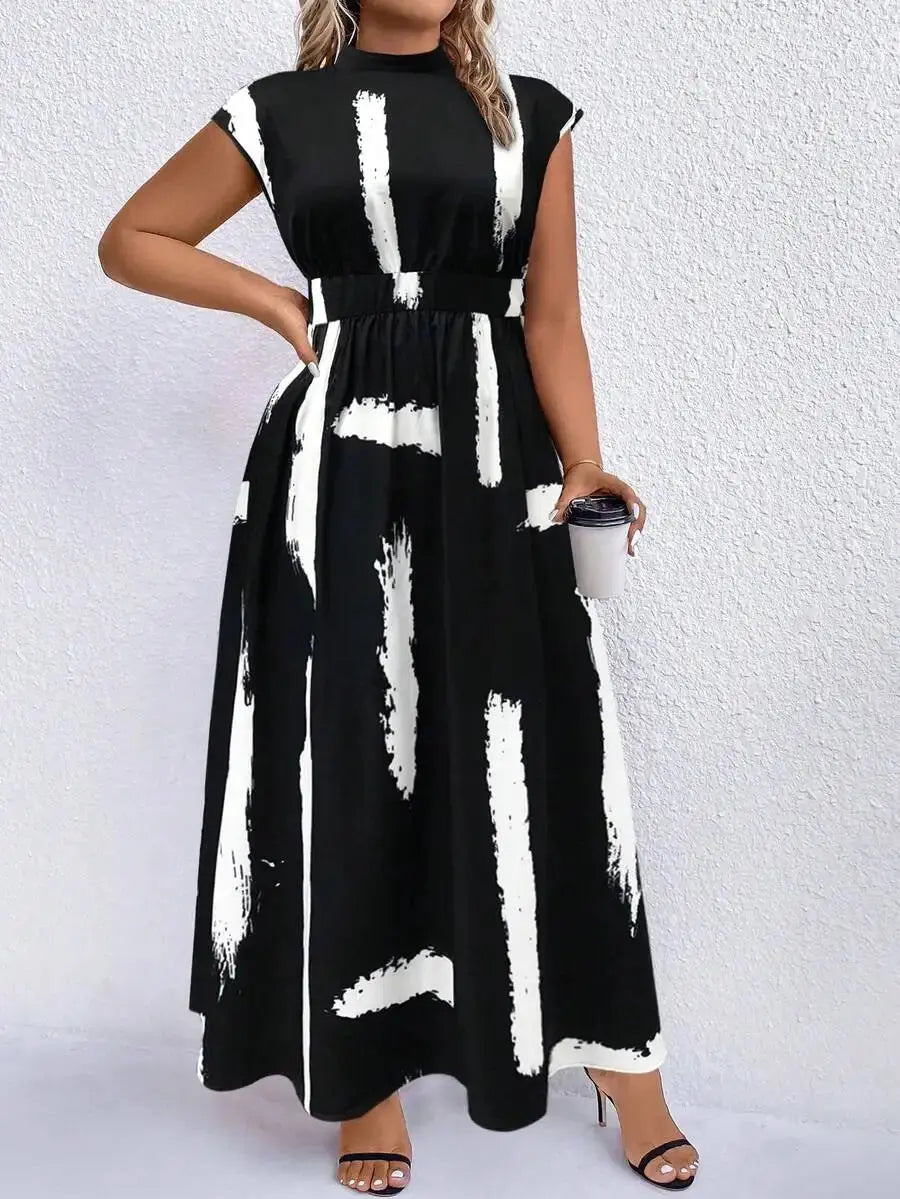 Black And Camel Abstract Print Mock Neck Maxi Dress For Women Aurexia off