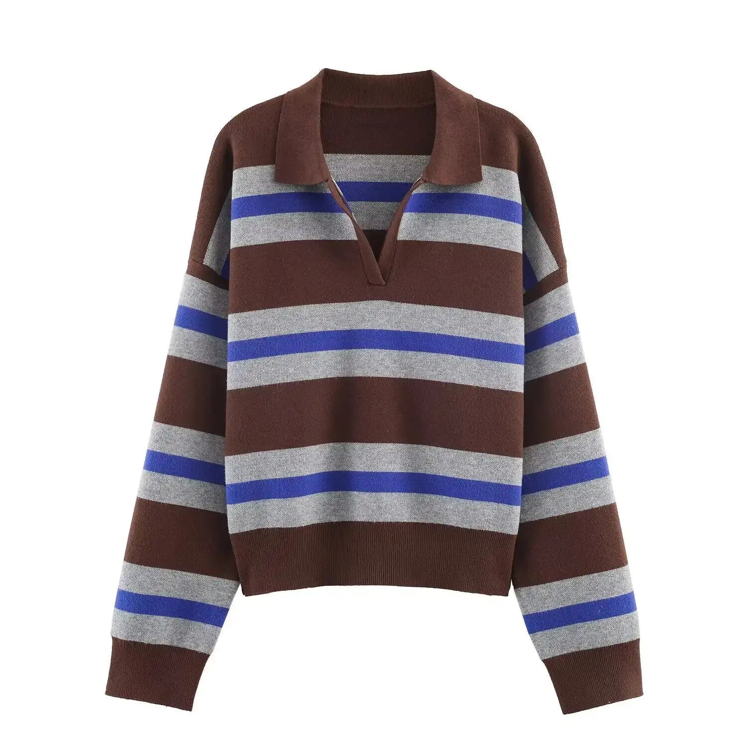 2026 Autumn New Women's Loose Long Sleeve Sweater Solid Color & Bold Stripe Lapel Top Street Fashion Long Sleeve Pullover Aurexia off