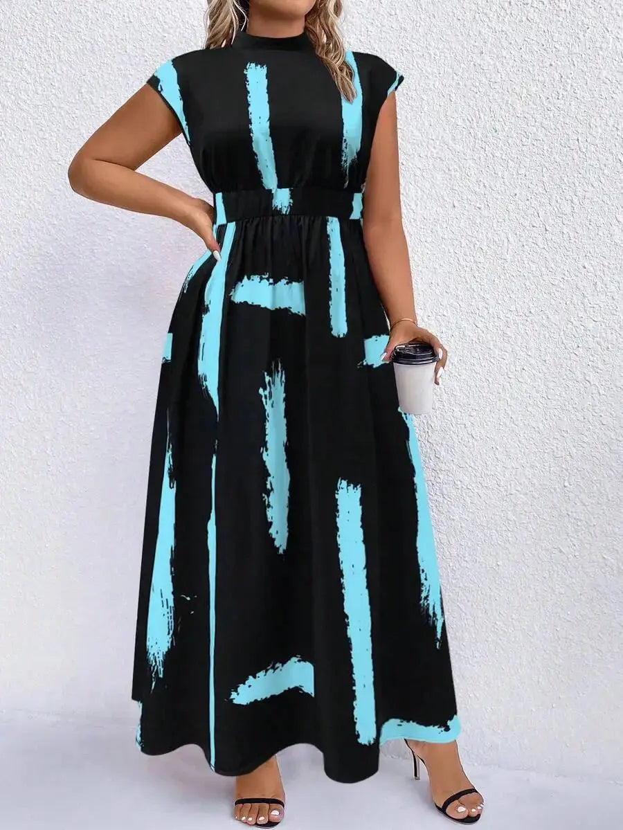 Black And Camel Abstract Print Mock Neck Maxi Dress For Women Aurexia off