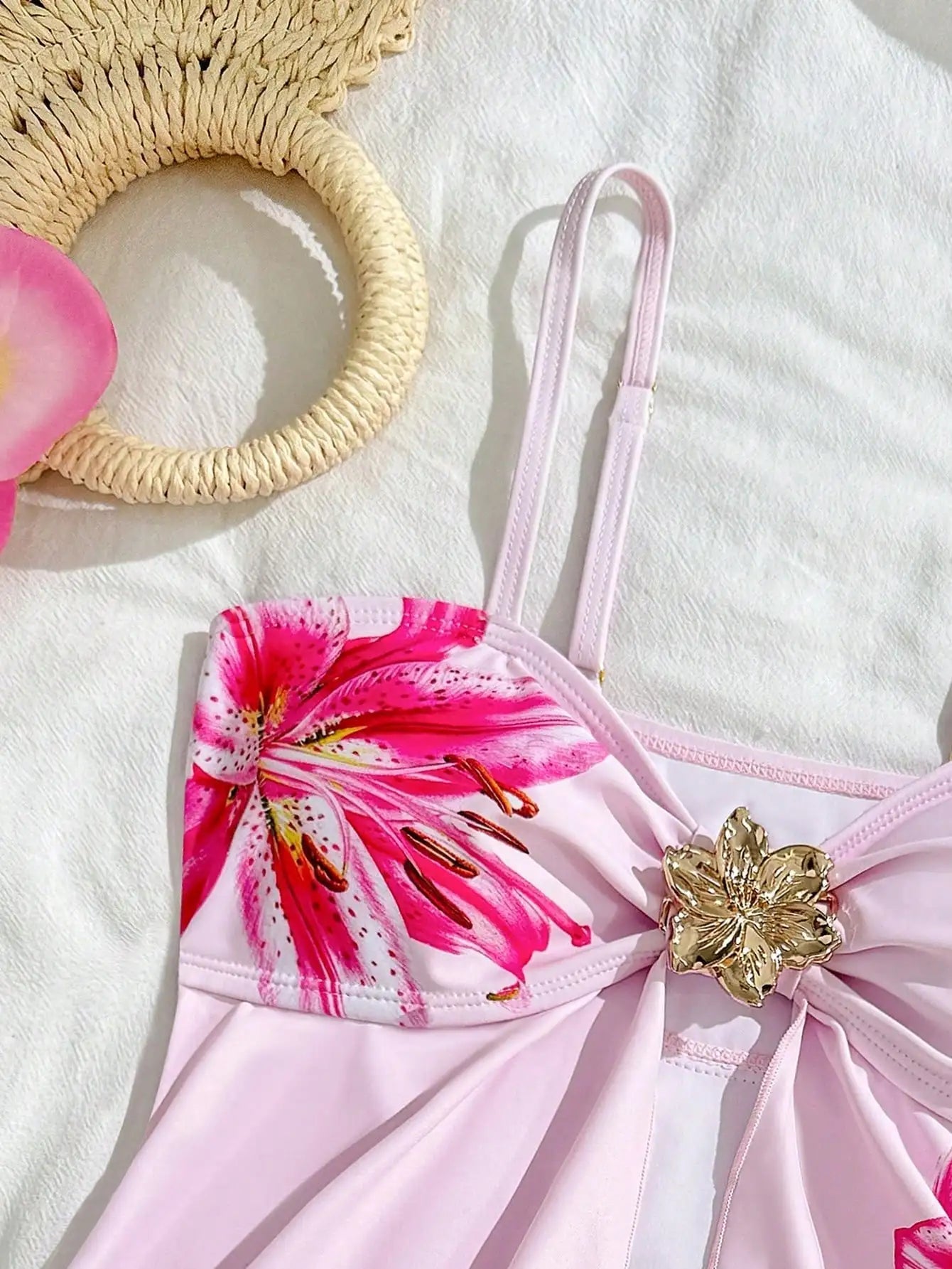 Pink Floral Print Bikini Set With Bow Detail Women's Two Piece Swimsuit For Beach And Pool Aurexia off