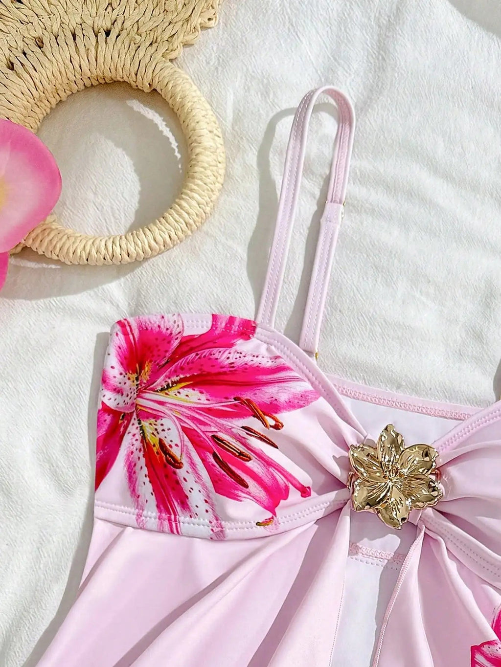 Pink Floral Print Bikini Set With Bow Detail Women's Two Piece Swimsuit For Beach And Pool Aurexia off