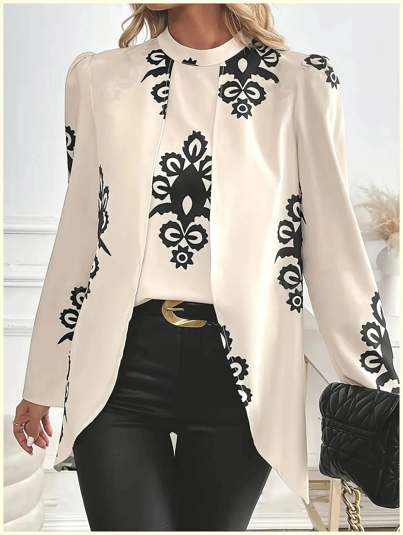 2026 Fashion Women's Long Sleeve Print Blouse, Elegant Office Top with Fake Two-Piece Design Aurexia off