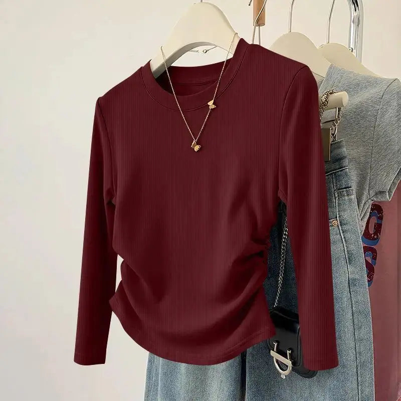 Spring and Autumn Women's Threaded T-shirt Top Soft Solid Color Round Neck Long Sleeve Fashionable Slimming Bottom Shirt Aurexia off