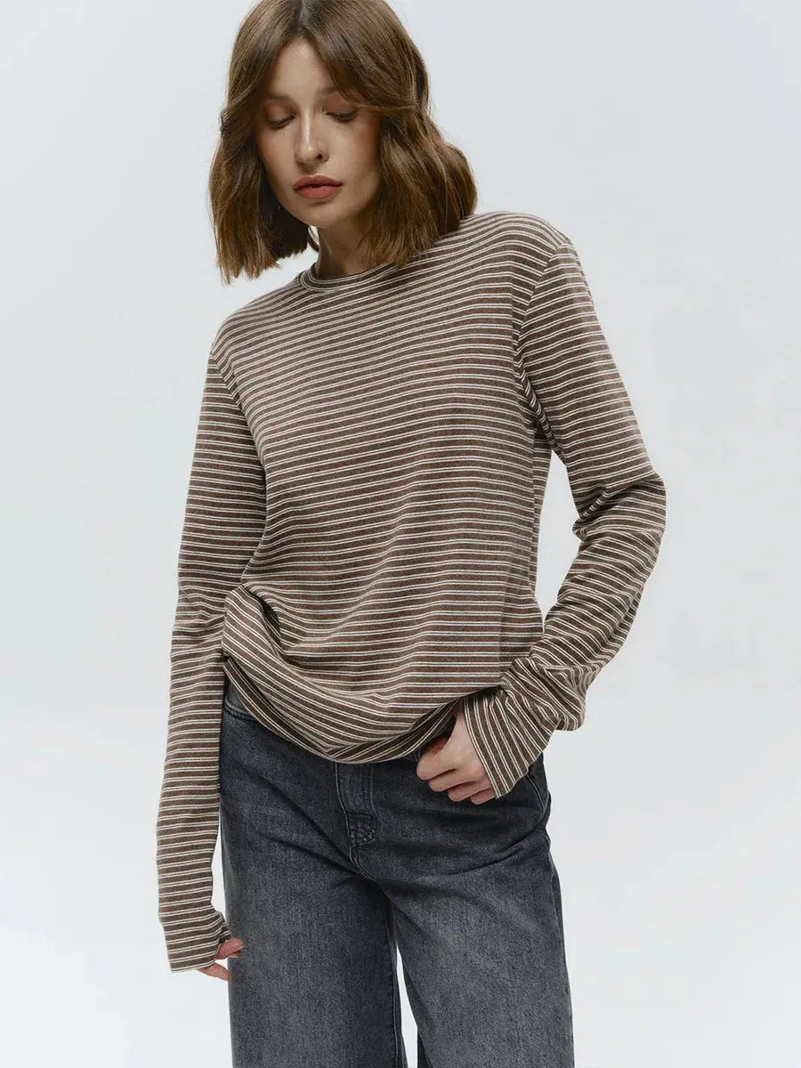 Bornladies Autumn New Fashion Women Cotton Striped Long Sleeve T Shirt Office Casual Simple Round Neck Pullover Tops & Tees Aurexia off