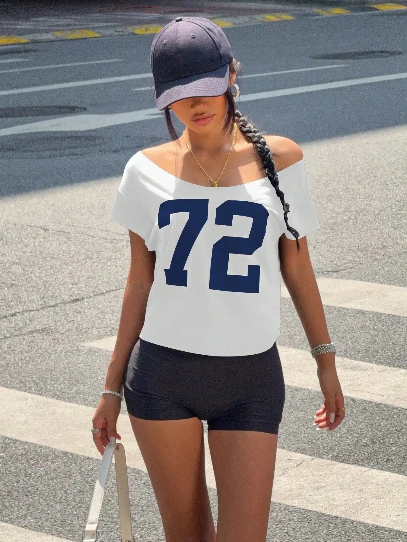Women Off-Shoulder Short Sleeve T-Shirt With Number Print Aurexia off