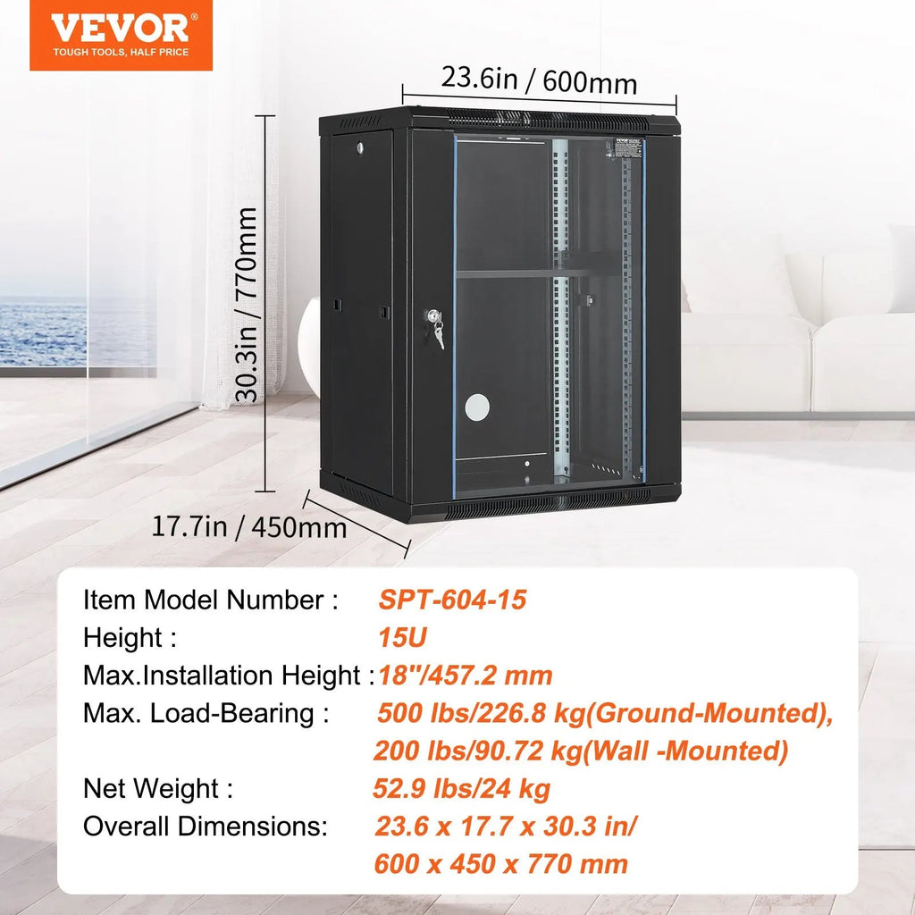 15U Wall Mount Network Server Rack Cabinet Enclosure 18Glass Door Lock Aurexia off
