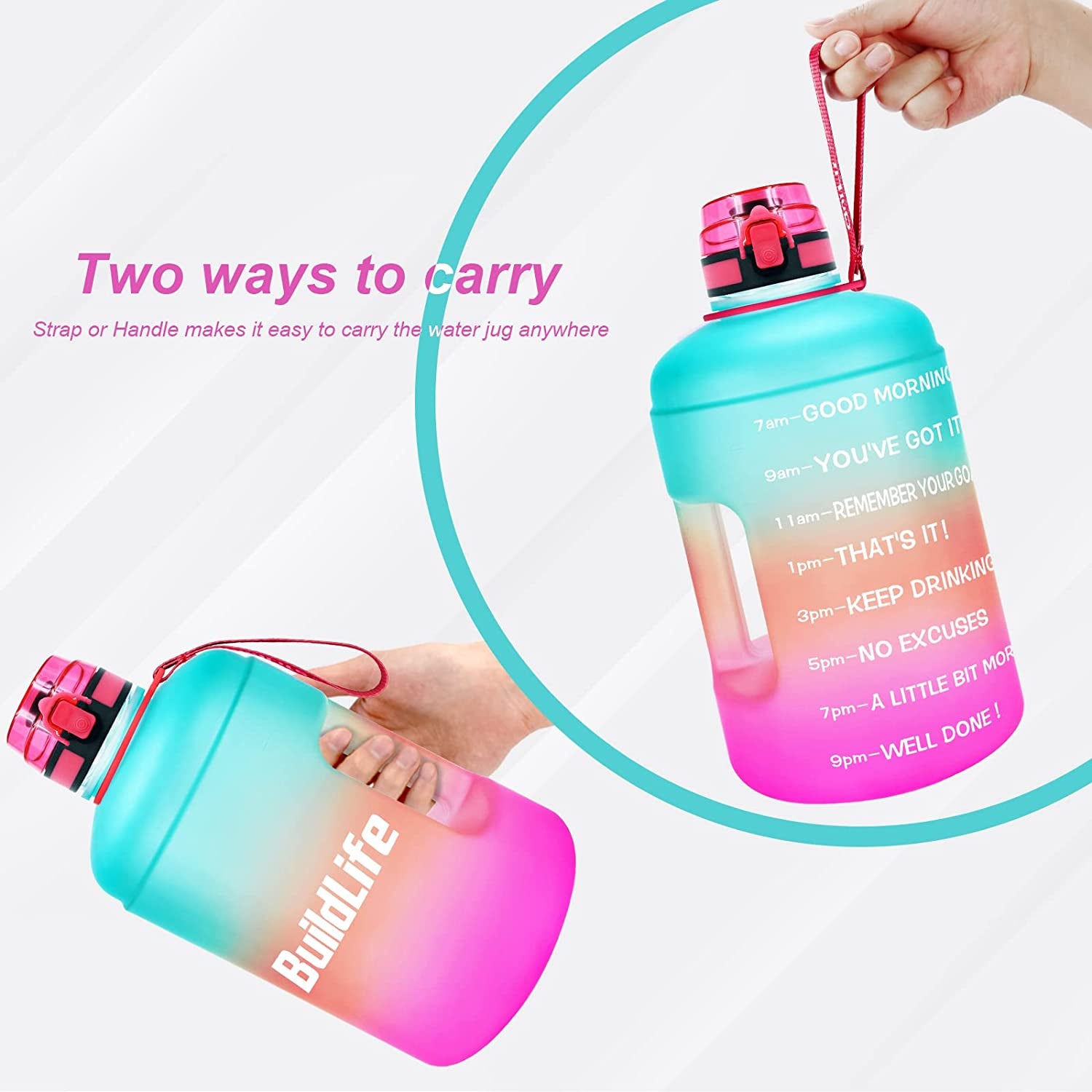 Gallon Water Bottles with Times to Drink - Gallon Water Jug - 1 Gallon Water Bottle–128 Oz Water Bottle(Green Pink)