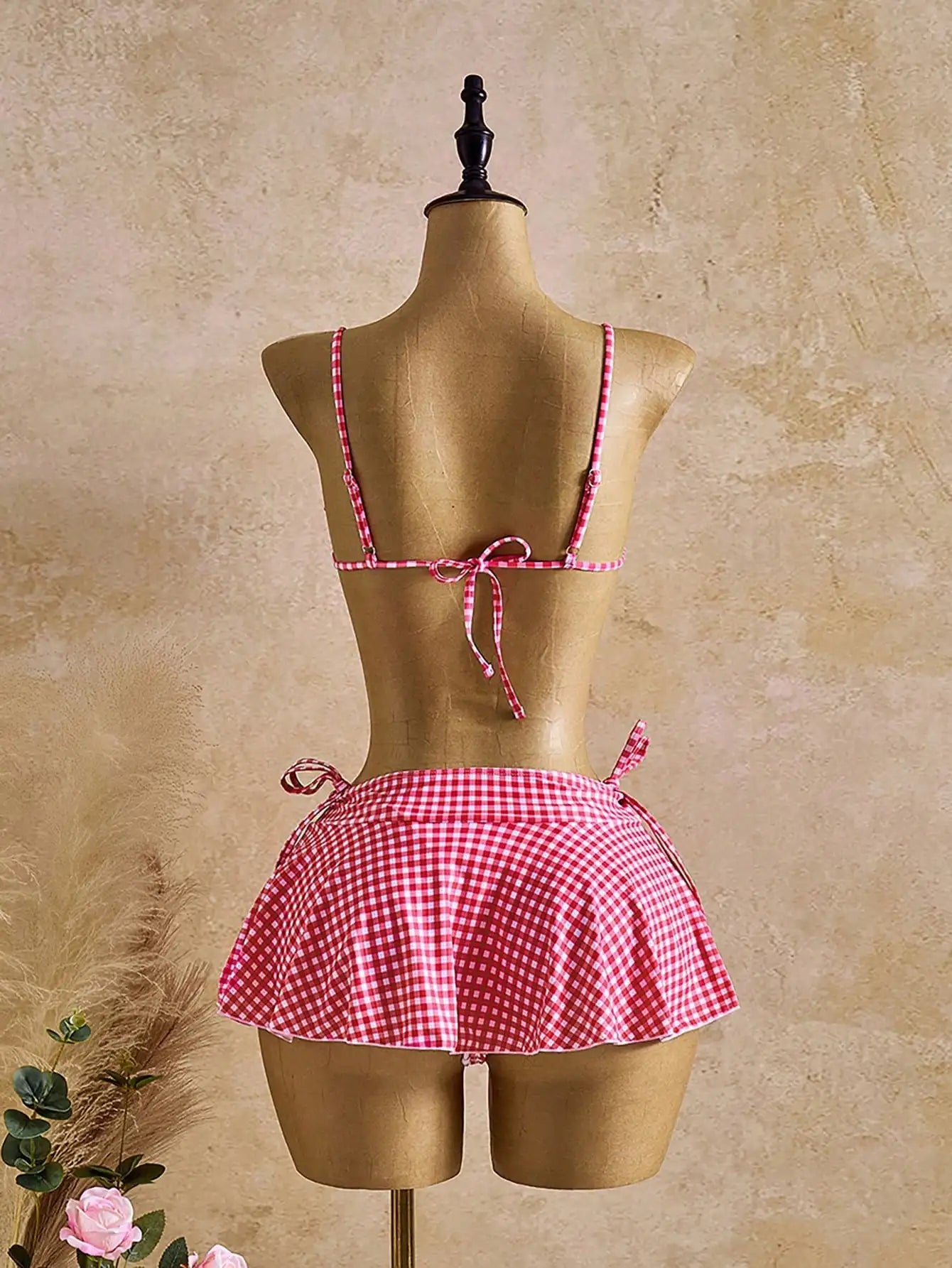 Women's Polka Dot And Gingham Halter Neck Tankini Set With Ruffled Skirt For Beach Vacation Aurexia off