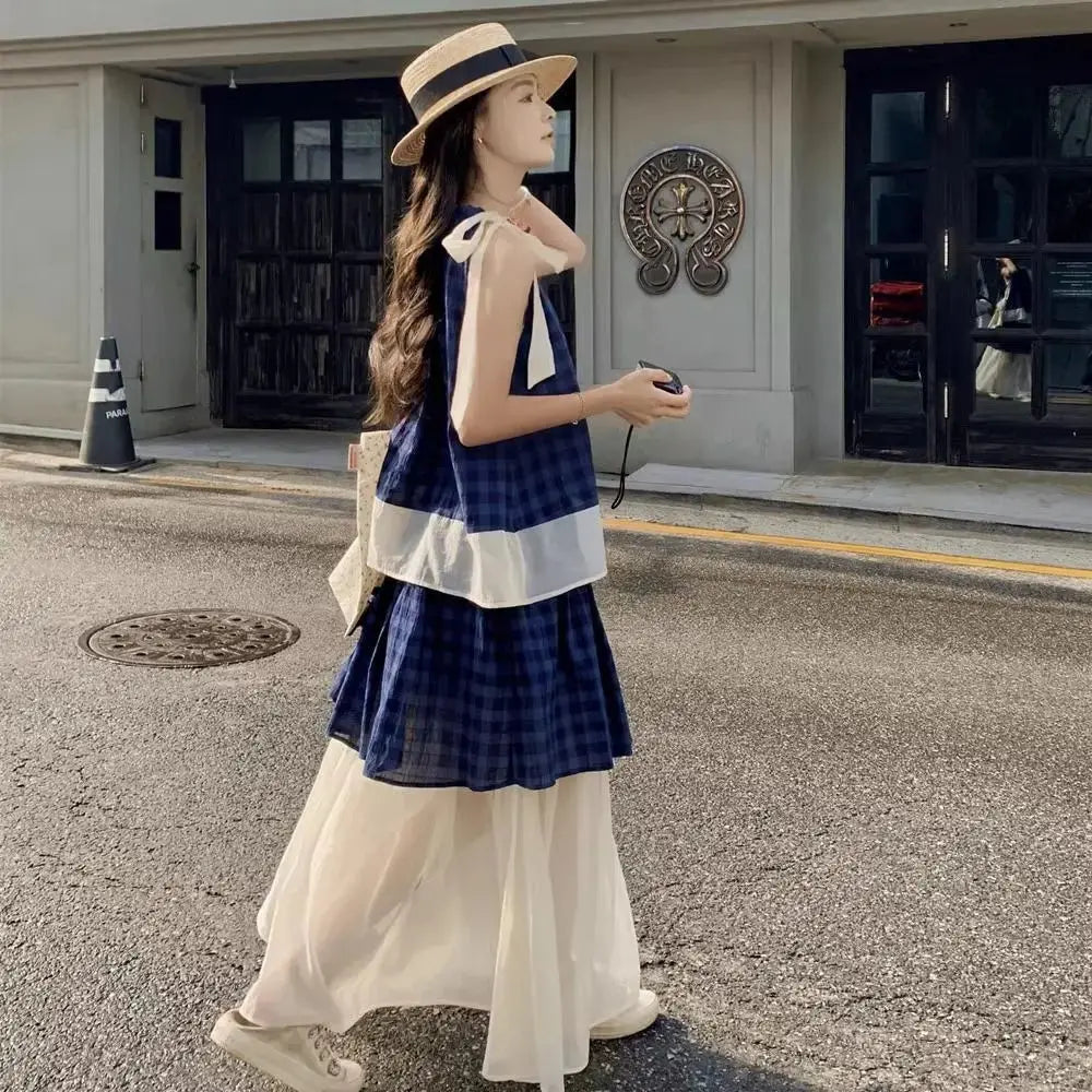 Women's Blue Plaid Two Piece Set Sleeveless Halter Top with Tulle Skirt Casual Loose Summer Outfit Beach Vacation Bohemian Suit Aurexia off