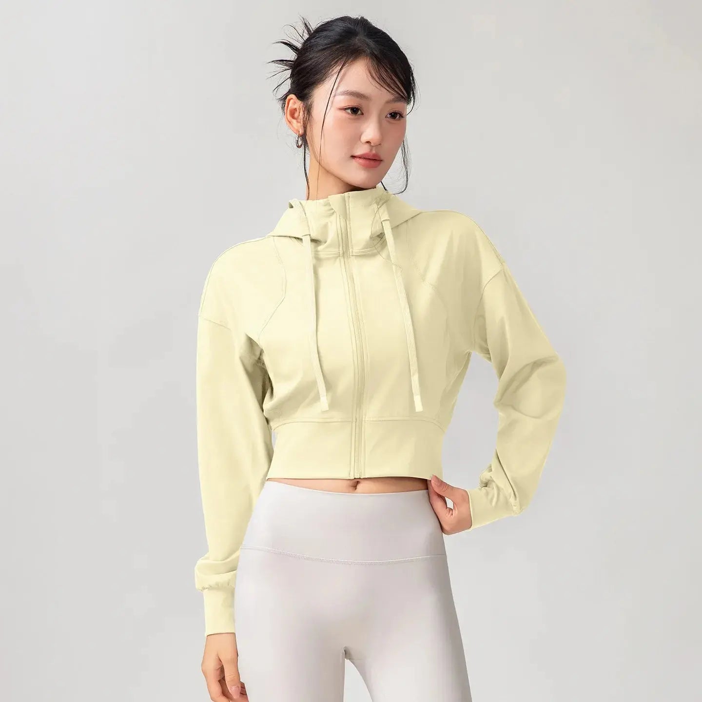 Women's Solid Color Casual Stand Collar Hooded Sports Yoga Top Leisure Simple Slim Long Sleeves Zipper Short Top Aurexia off