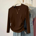 Spring and Autumn Women's Threaded T-shirt Top Soft Solid Color Round Neck Long Sleeve Fashionable Slimming Bottom Shirt Aurexia off