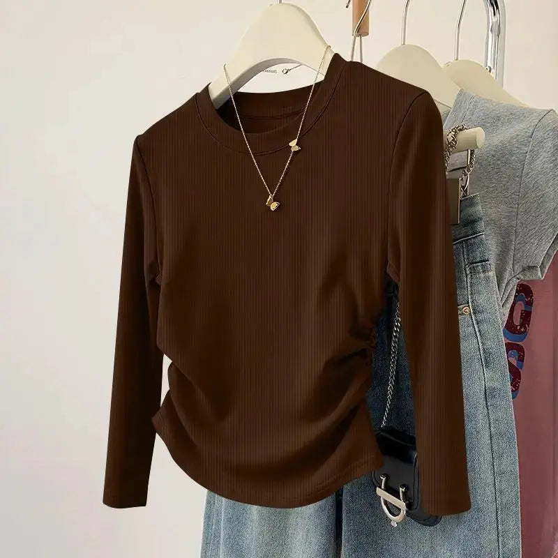 Spring and Autumn Women's Threaded T-shirt Top Soft Solid Color Round Neck Long Sleeve Fashionable Slimming Bottom Shirt Aurexia off