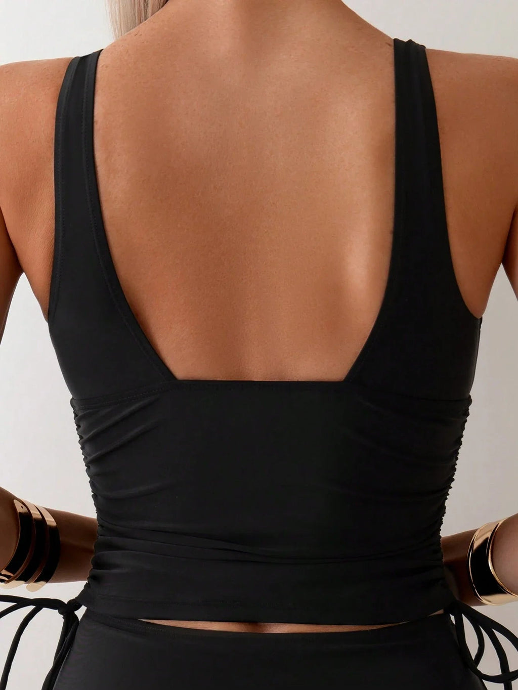 Women Plain Ruched Deep V-Neck Sleeveless Drawstring Tankini Swimwear Set Aurexia off