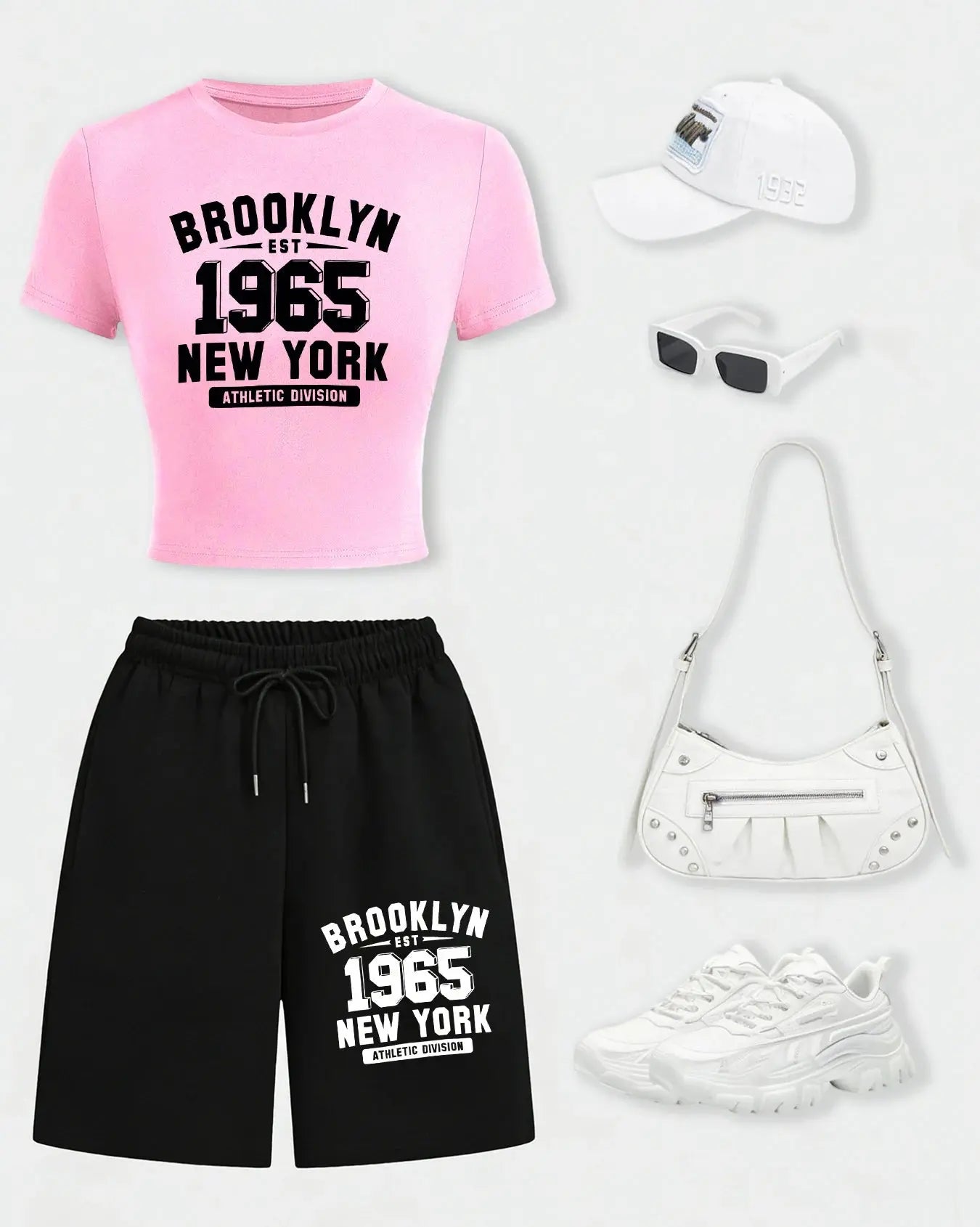 New York City Brooklyn 1965 Print Woman T-Shirt Suits Slim Cotton Crop T Shirt Summer Wide-Leg Shorts Drawstring Pocket Pant Aurexia off