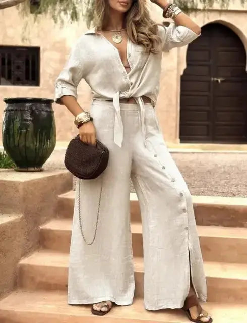 2026 Women's Solid Color Long-Sleeved Pocket Button Top and Wide-Leg Pants 2-Piece Set Aurexia off