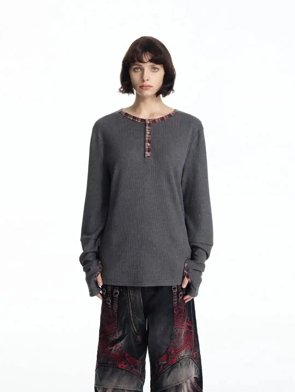 Gothic waffle long-sleeved henley shirt with checkered edging and back print T-shirt, Y2K street style Aurexia off