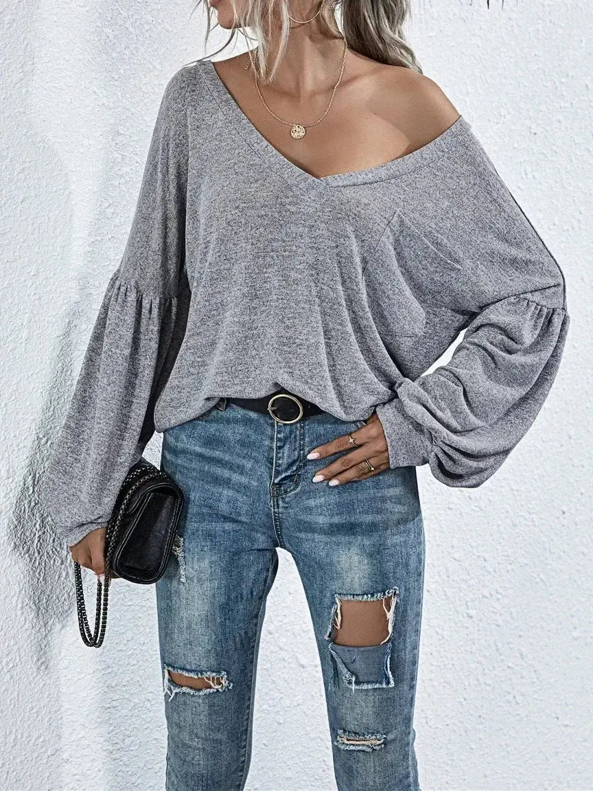 Women's V-neck Solid Color T-shirt Ladies Casual Open Back Pocket Lantern Sleeve Fashion Long Sleeve T-shirt Top Aurexia off
