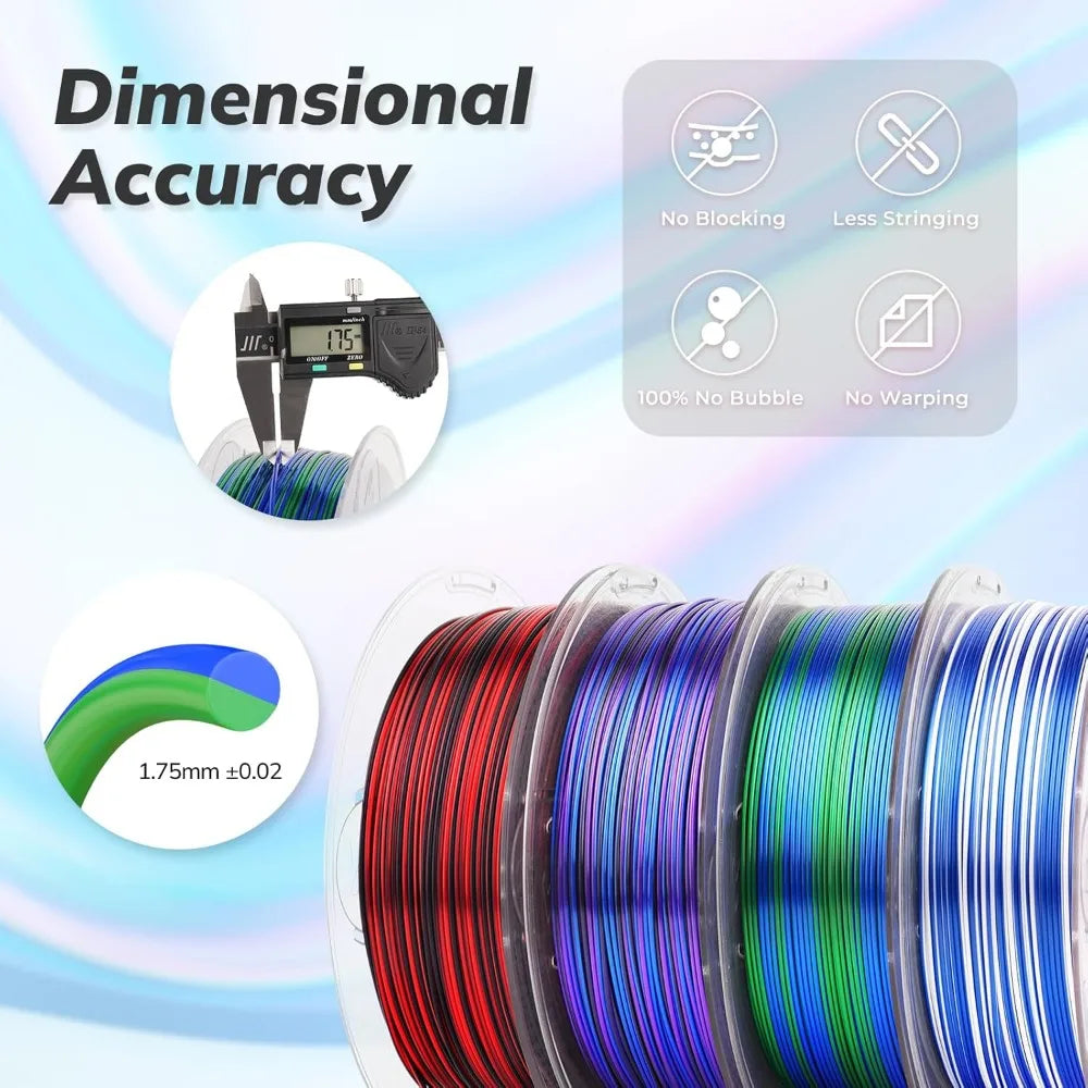 Silk PLA 3D Printer Filament Bundle, 1.75mm Multicolor Rainbow Pack, Fast Color Change, 4 Spools x 1KG Aurexia off
