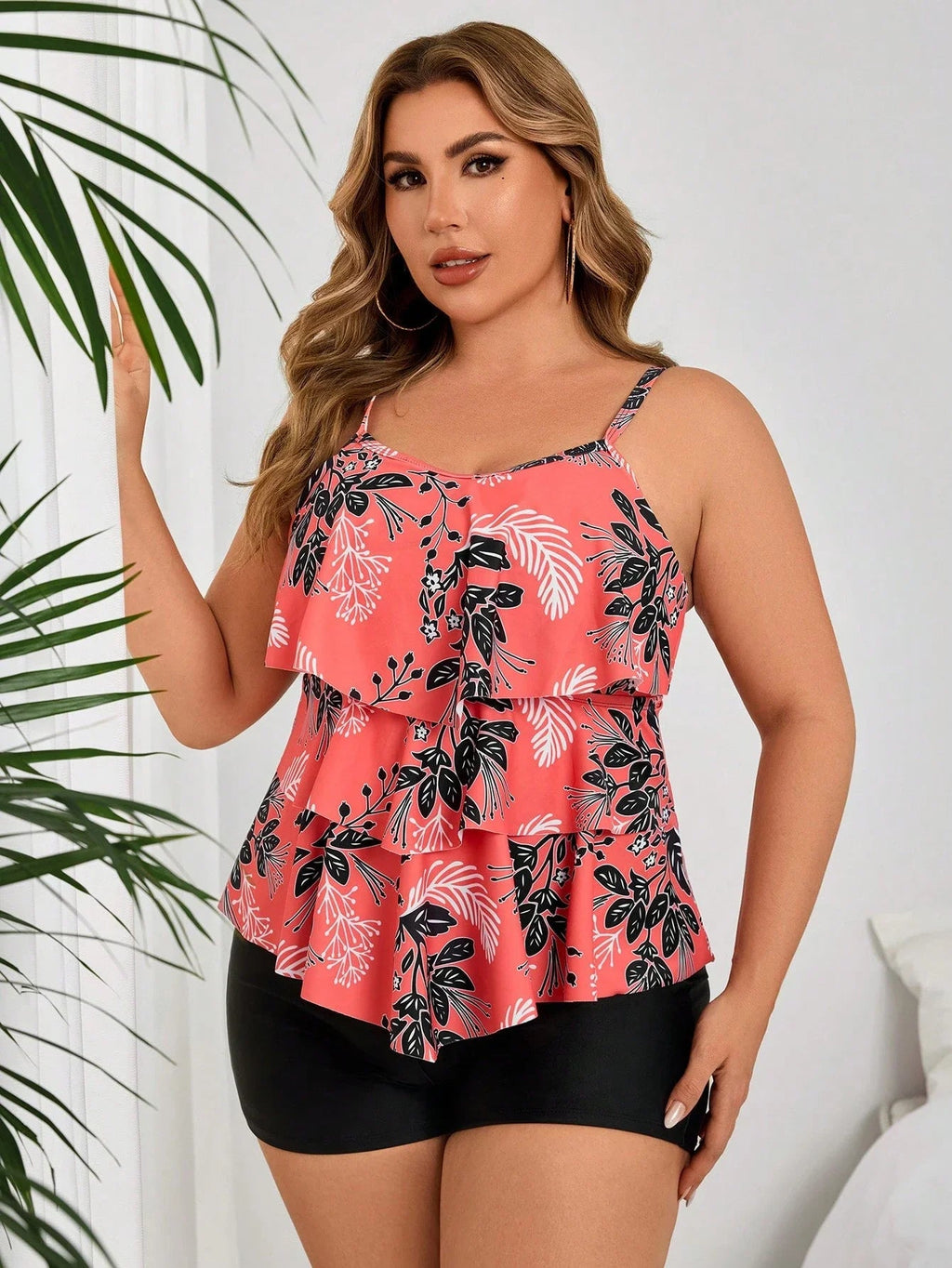 Coral Floral Print Ruffle Layered Crop Top With Solid Black Boyshorts Two Piece Plus Size Swimwear Set Aurexia off