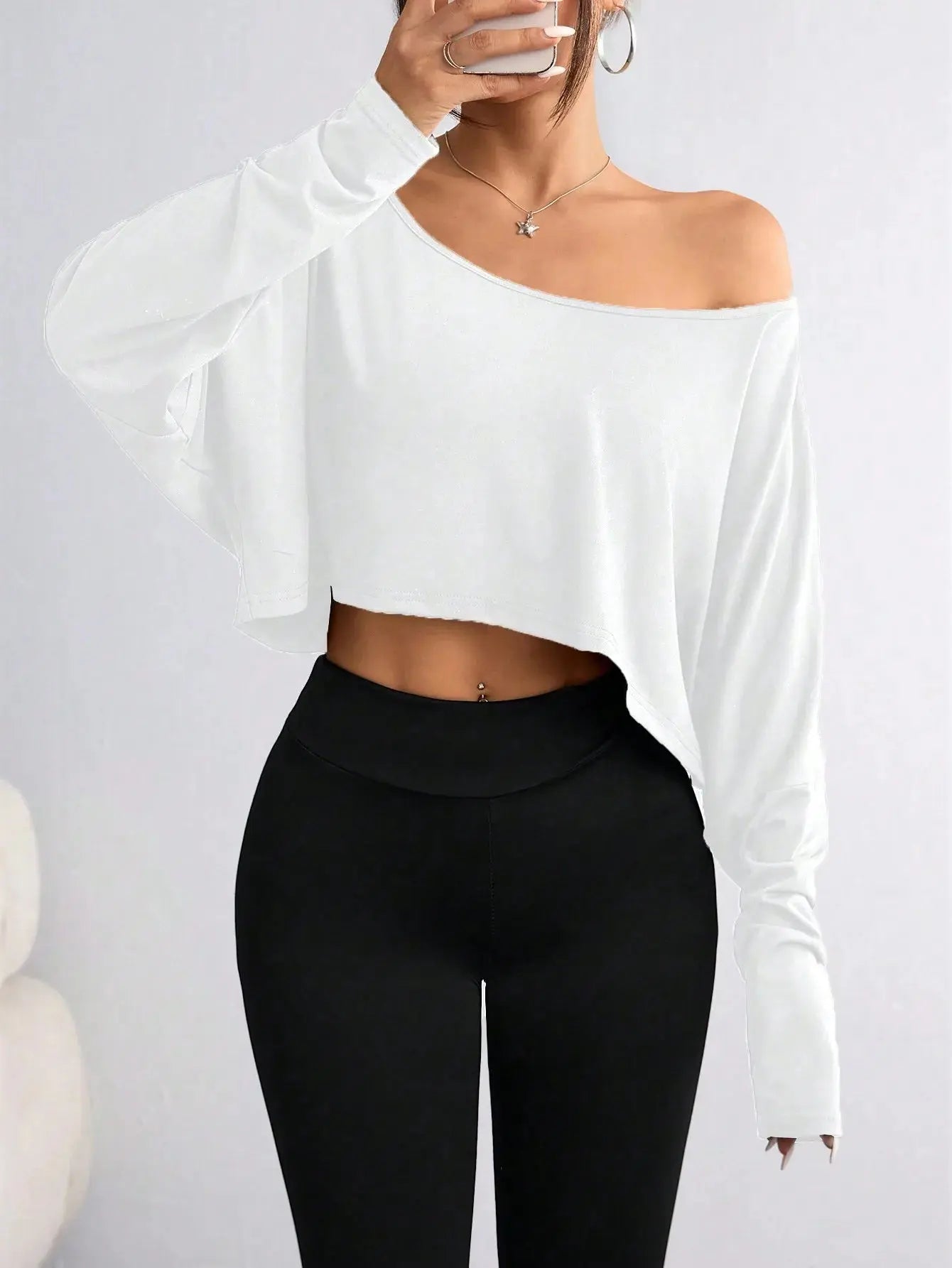 Women Casual Solid Batwing Cropped Off Shoulder T-Shirt Spring Autumn Aurexia off