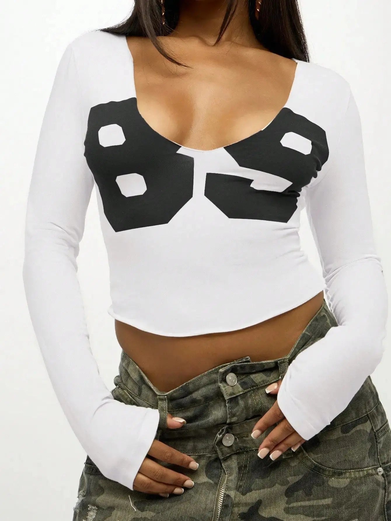 Women Long Sleeve Crop Top Graphic Print V Neck Fitted Cotton Casual Tee Aurexia off