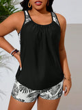 Vibrant Pink Plus Size Tankini Set With Tropical Leaf Print For Summer Beach Wear Aurexia off