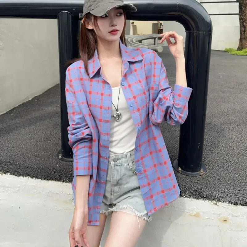 Korean-style Women's Pure Cotton Spring Long-sleeve Plaid Shirt Trendy Fashion Loose Casual College-style Shirt Aurexia off