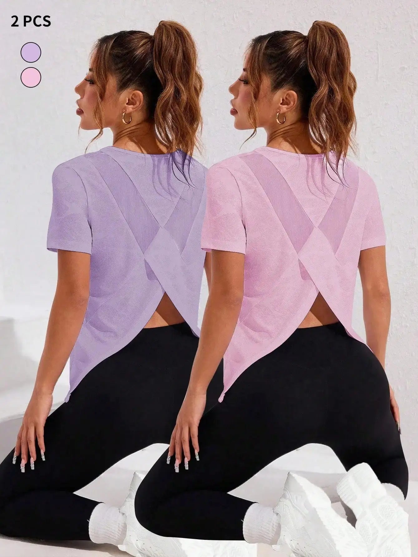 2pcs Women Sport Top With Jacquard Mesh Crossover Back Design Aurexia off