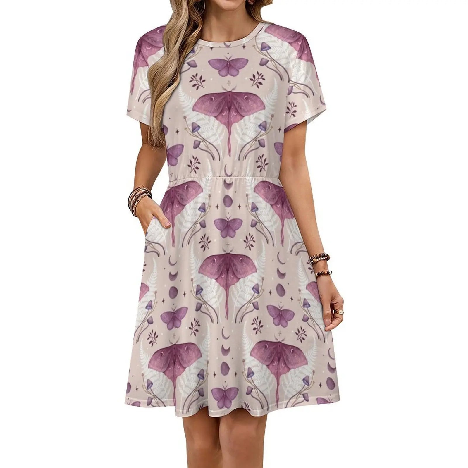 Luna And Emerald-Vintage Pink Bohemian Sleeveless Dress For Women Print Beach Party Dresses Pastel Pink Vintage Night Night Aurexia off