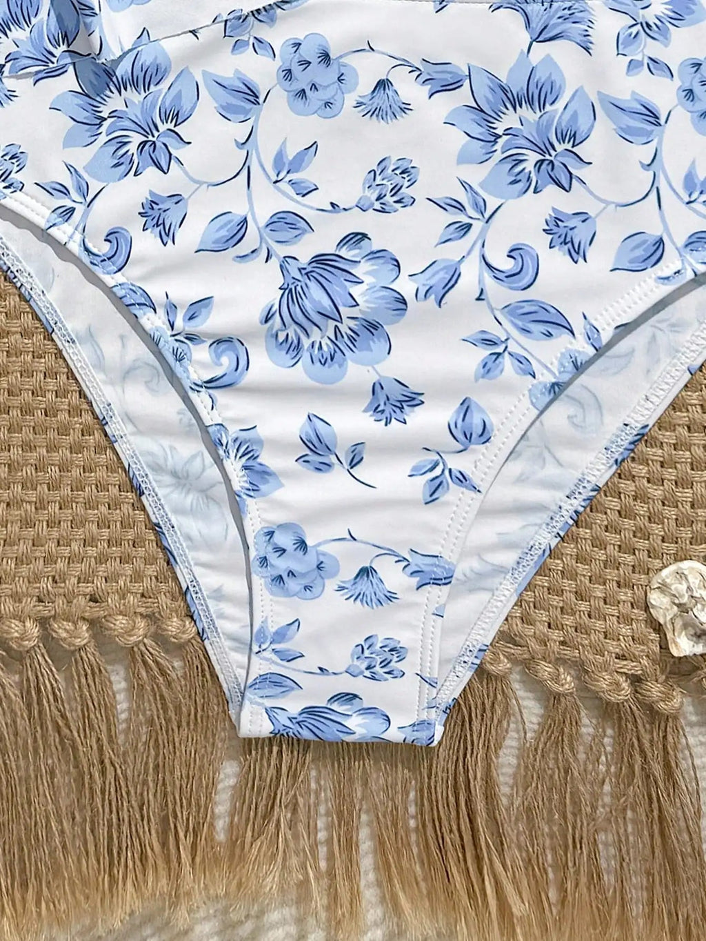 Blue Floral Tankini Set With Halter Neck And Ruffle Hem For Women Aurexia off