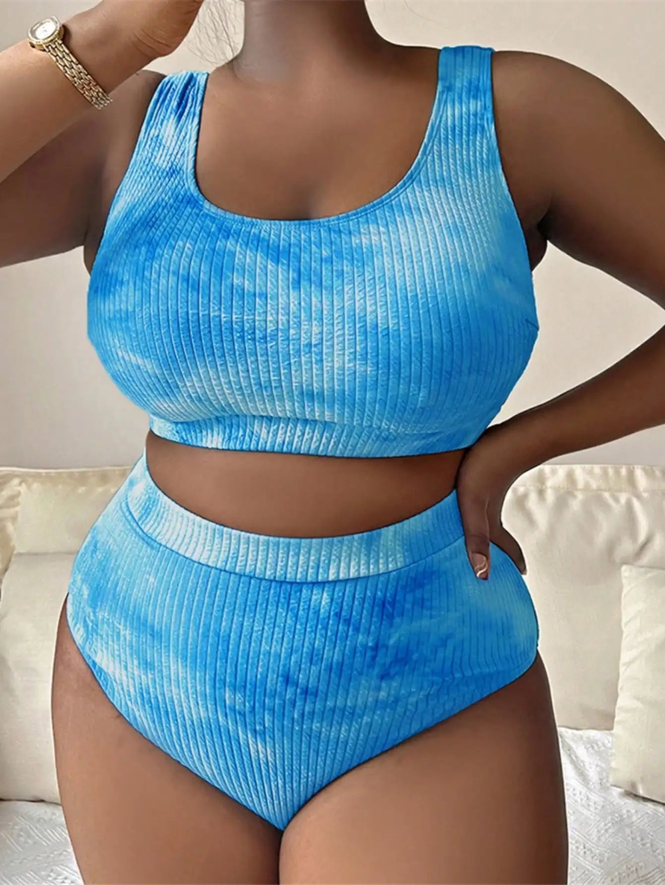 Plus Size Tie Dye Ribbed Tankini Set Casual Beach Swimwear Aurexia off