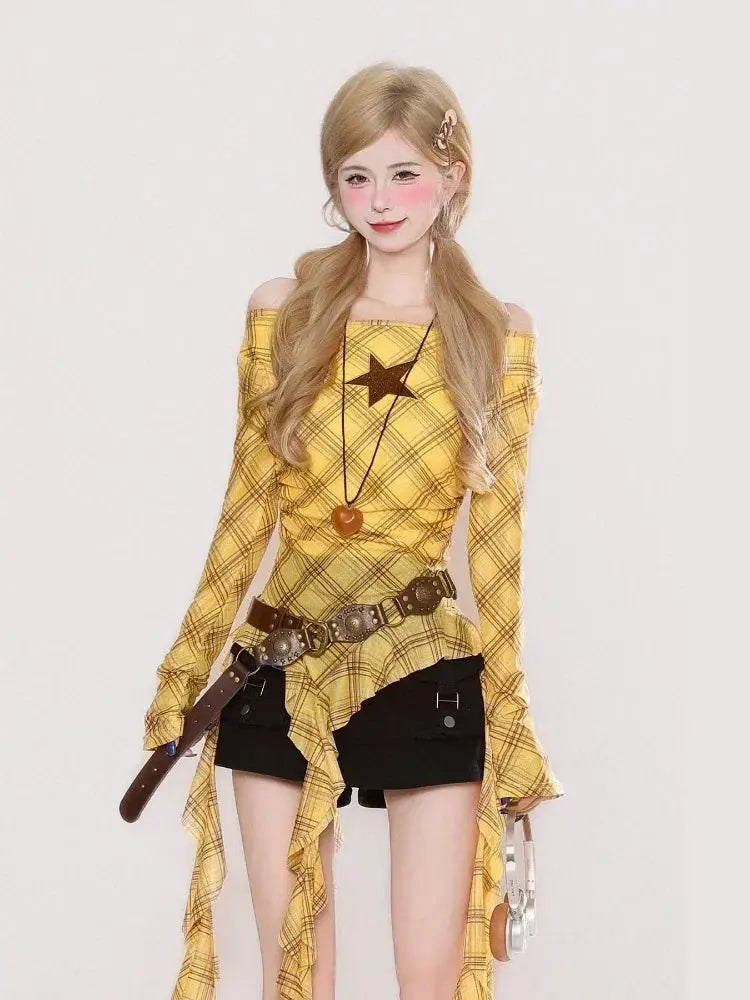Y2K Plaid Slash Neck Vintage T-Shirt for Women, Grunge Ruffled Bodycon Top, Sexy Fairy Aesthetic Aurexia off