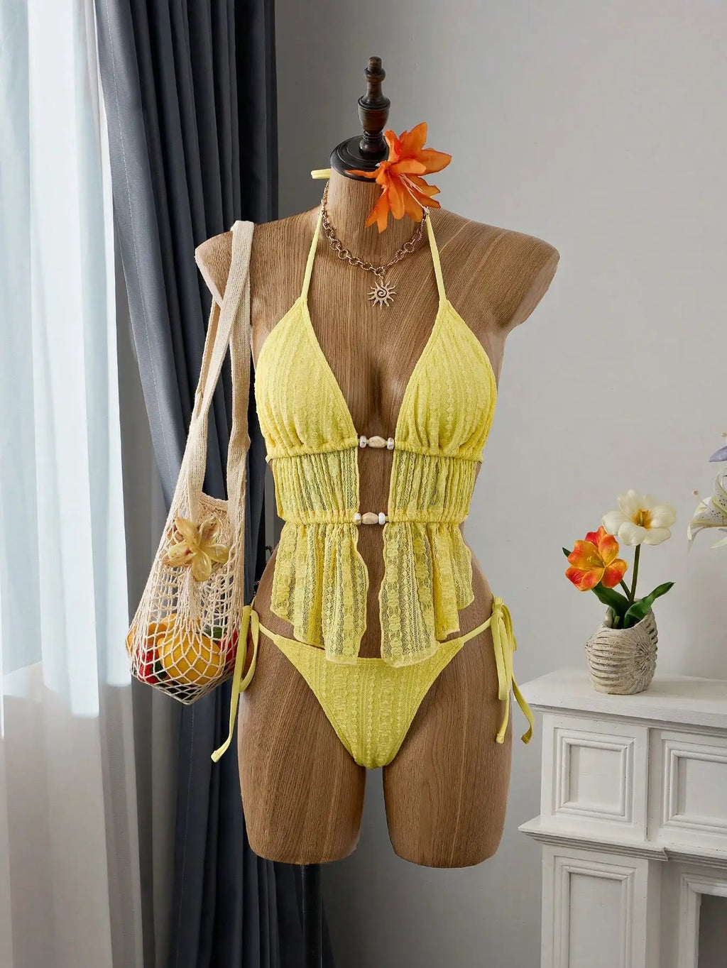 Cream Lace Halter Neck Tankini Set With Beaded Detail And Tie Side Bottoms Aurexia off
