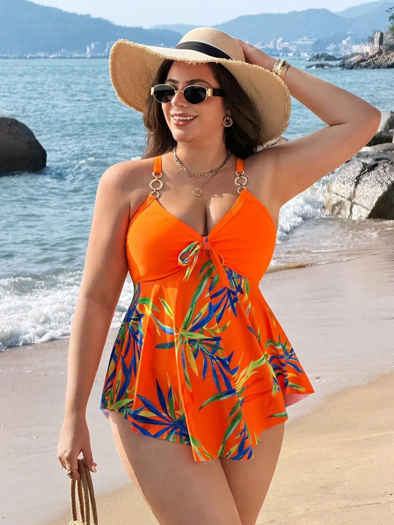 Plus Size Solid Asymmetric Hem Tankini Swimsuit For Beach Vacation Aurexia off