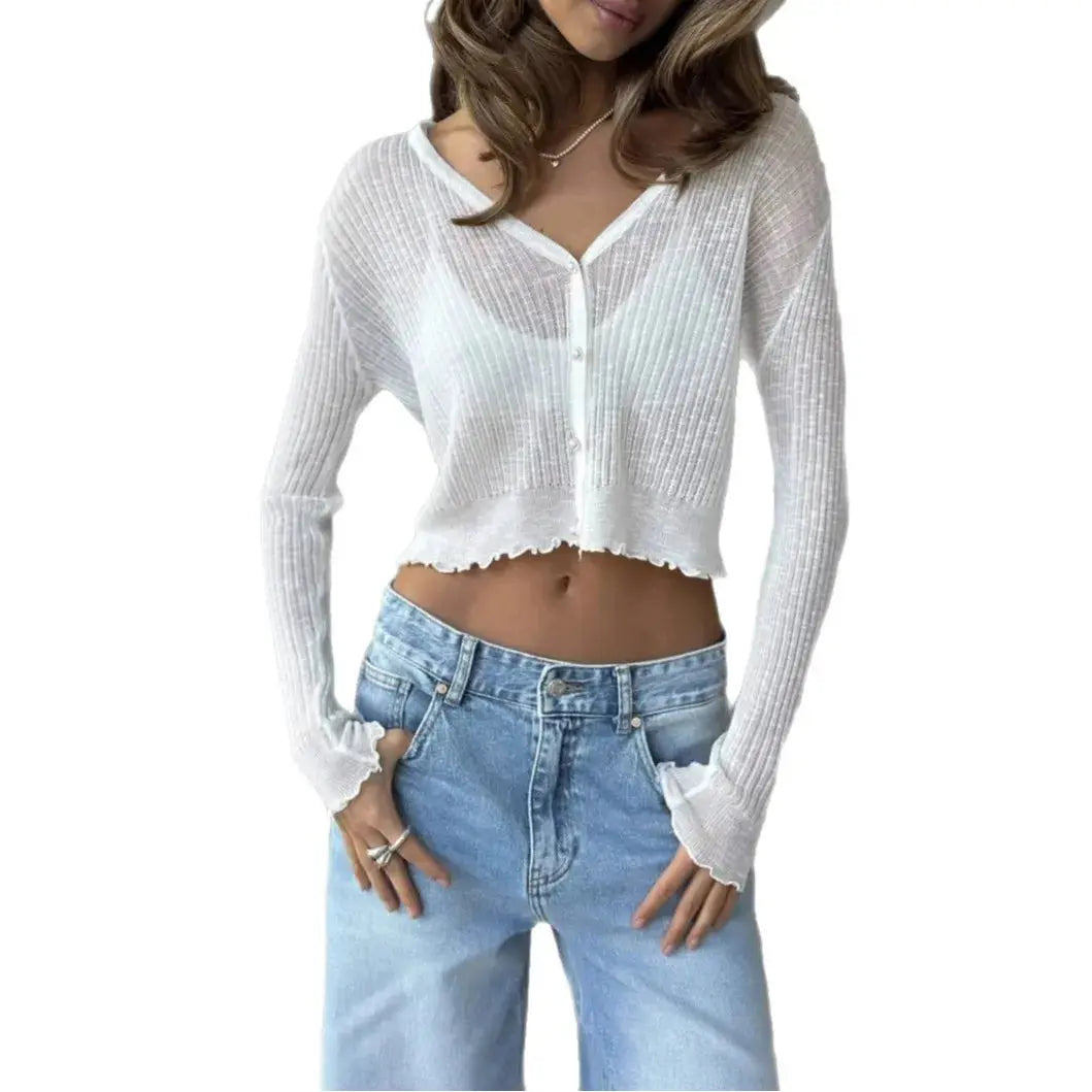 summer thin ice silk knit cardigan women's sunscreen shirt long sleeve short solid color lace blouse small coat shawl Aurexia off